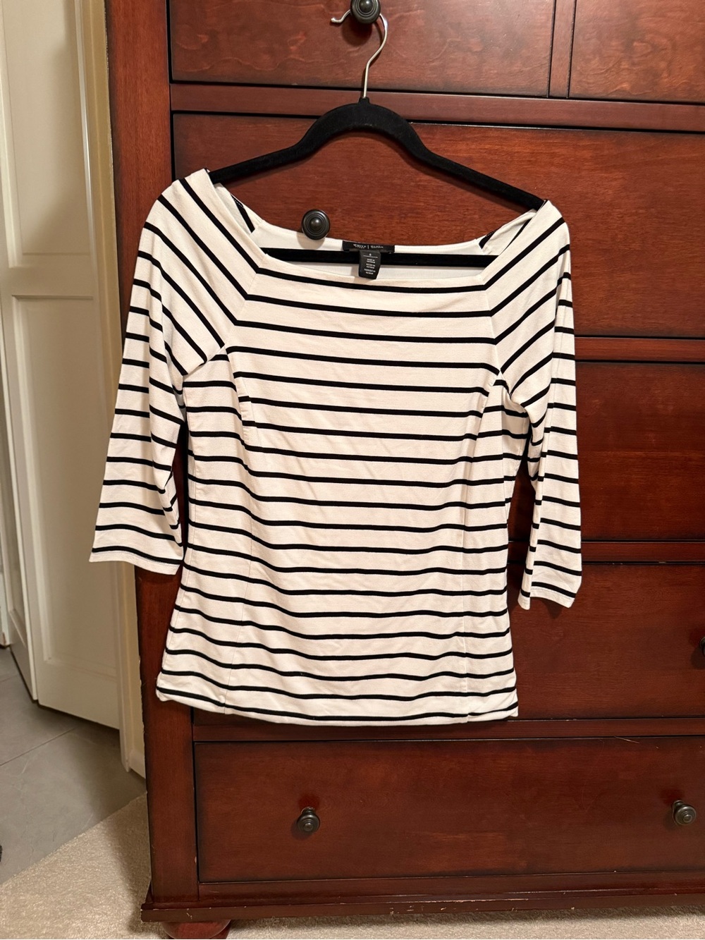 White House Black Market Black and White Striped Boatneck Top